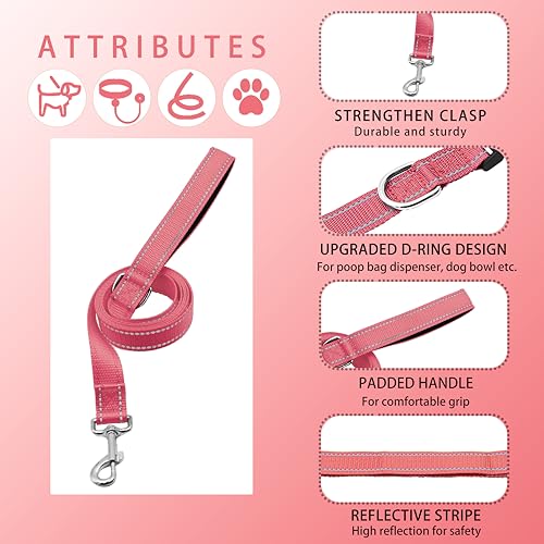 Reflective Dog Collar with Safety Locking Buckle, Adjustable Soft Breathable Nylon Collars for Small, Medium and Large Dogs(Collar+Leash XS Width 5/8" Pink) - color: Pink, size: X-Small (Width 5/8")