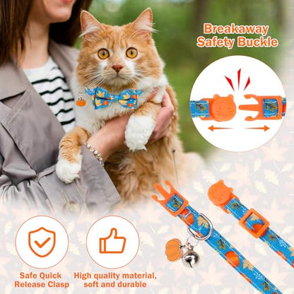 Breakaway Cat Collar Thanksgiving 2 Pack - Fall Pumpkin & Turkey Bow Tie with Bell, Safe Adjustable Kitten Collars for Holiday, Fits Cats and Small Puppies - color: Maple Leaf