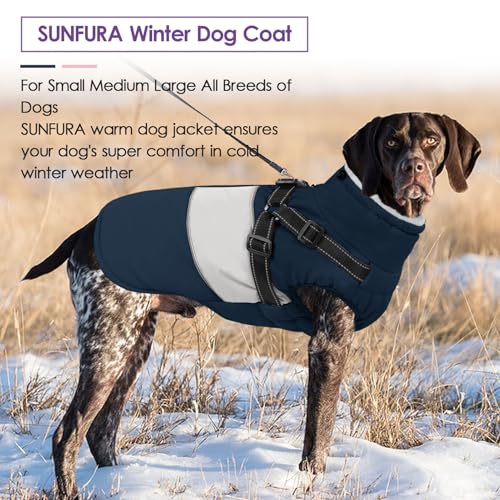 Small Dog Coat with Harness Built in, Warm Dog Jacket Winter with Zipper On Back, Waterproof Pet Snow Jacket Snowsuit Pet Sweater Clothes for Puppy, Blue XS - color: Navy Blue, size: X-Small