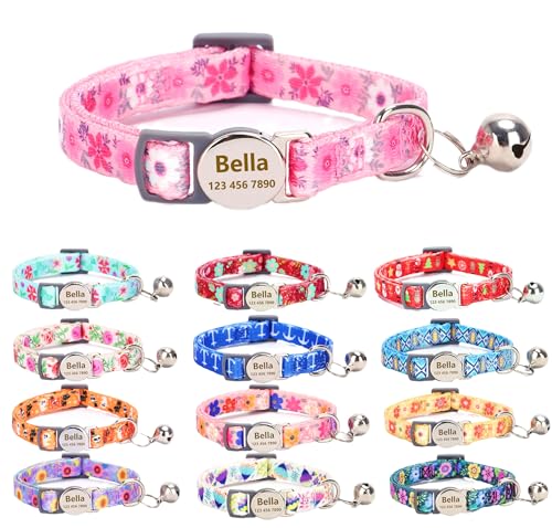 Custom Personalized Breakaway Kitten Cat Collar with ID Name Phone Number Tag Plate/Customized Engraved Floral Pattern Boy Girl Cat Kitten Collar with Bell-Pink Flower - color: Pink Flower