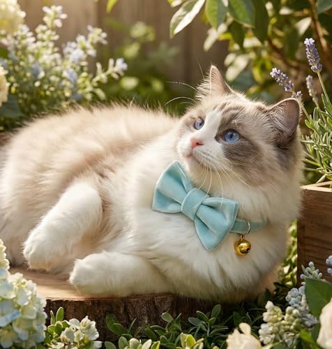 Personalized Velvet Cat Collar with Bell, Custom Engraved Name and Phone Number, Adjustable Luxury Kitten Collar, Non-Breakaway Secure ID Collar for Cats and Kittens - color: Light Blue, size: S