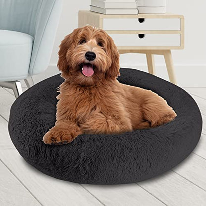 Arlee Donut Round Pet Dog Bed - Memory Foam - Calming Reduce Anxiety - Shaggy Vegan Fur - Assembled USA, Black - color: Black, size: Large