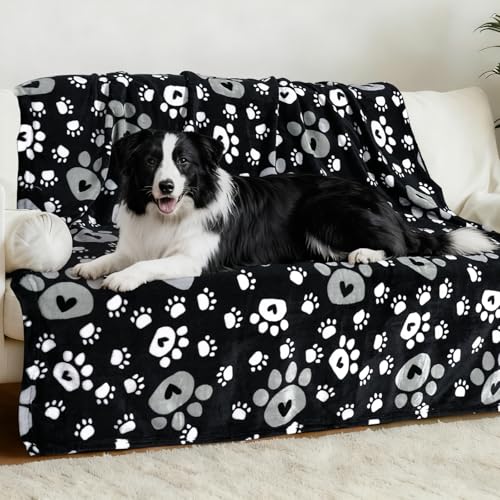 Rezutan Dog Blanket for Large Dogs, Soft Fleece Dog Blankets, Cute Paw Print Throw Blanket for Dogs, Fluffy Flannel Pet Cat Puppy Blanket Mat Cover for Bed Couch, Black 60 x 50 inch - color: Love Black, size: 60x50 inch