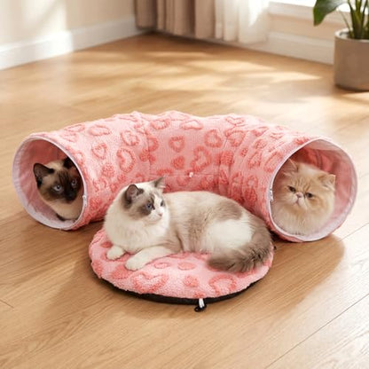 Cat Tunnel Bed, Cute Cat Tunnel Toy with Washable Cushion, Fits Indoor Cats up to 25 lbs, Cute Peekaboo Cave Pet Bed for Kittens, Rabbits, Pink Heart - color: Pink Heart