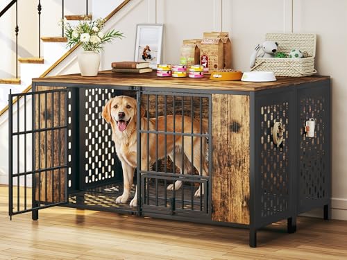 Dog Kennel Large Dogs Furniture with Hook, Heavy Duty Dog Crate Indoor for Extra Large Dogs, Escape-Proof and Chew-Proof Dog Cage for high Anxiety Dog, Rustic Brown Cage as TV Stand - size: 47.3"L x 31.5"W x 32.3"H