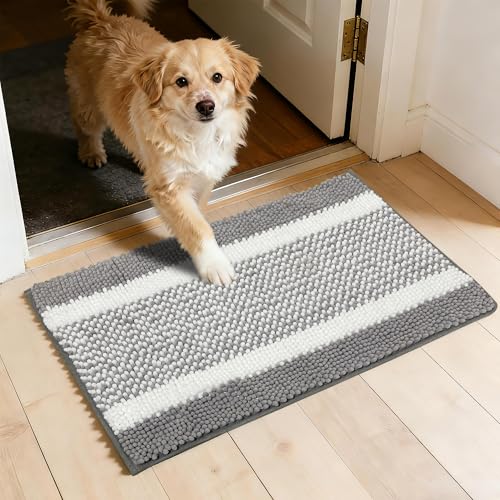 Dog Door Mat for Muddy Paws - Absorbent Quick-Dry Non-Slip Washable Chenille Pet Rug, Indoor Entryway Mat for Front Door & Crate (Gray White, 30" L*18" W) - color: Gray White, size: 34"L*23"W