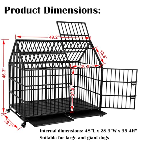 50 inch Heavy Duty Indestructible Dog Crate with 2 Bowls, Escape Proof Double Door Dog Kennel for Large Giant Dogs with Wheels and Trays, High Anxiety Extra Large Dog Cage Indoor Outdoor, XL XXL - size: 49.2"L x 29.7"W x 46.3"H