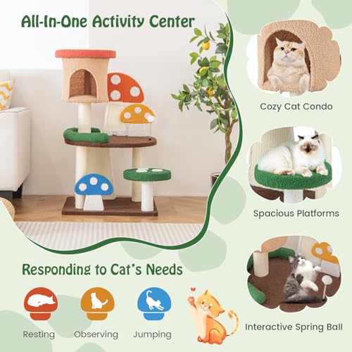 Tangkula Mushroom Cat Tree, Cute Cat Tower with Full-Wrapped Sisal Post, Scratching Board & Spring Ball, Cat Condo, Flower Cat Tree Tower for Indoor Cats Large Adult (40.5 Inch) - size: 40.5 Inch
