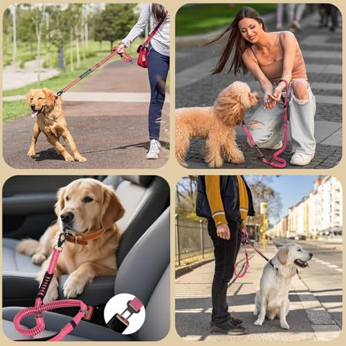 Heavy Duty Tactical Dog Leash, 4-6FT Shock Absorbing Bungee Lead with 2 Padded Handles, Metal Carabiner & Seatbelt Clip, Reflective No-Pull Leash for Medium/Large Dogs (Pink) - color: Pink