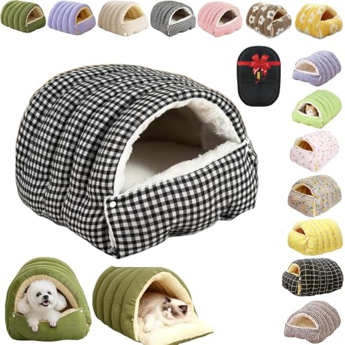 Removable and Washable Winter Closed-Off Cat Bed, Cutypet Winter Cave, Warm Foldable Secure Pet Nest for Indoor Cats & Small Dogs, Comfor Plush Snuggle Hut for Kitty, Puppy, Pets (Linen-Black 3,L) - color: Linen-Black 3, size: L