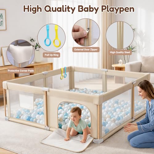 Foldable Baby Playpen with Mat, Foldable Baby Fence Play Yards for Babies and Toddlers, Play Pen with Breathable Mesh and Anti-Fall Pads (71"×59") - size: 71"×59"