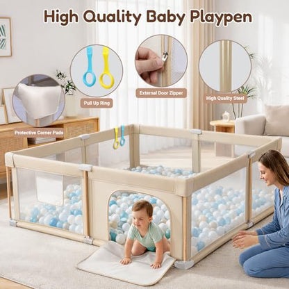 Foldable Baby Playpen with Mat, Foldable Baby Fence Play Yards for Babies and Toddlers, Play Pen with Breathable Mesh and Anti-Fall Pads (50''x50‘’) - size: 50''x50‘’