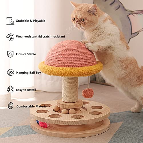Cat Scratching Post with Hanging Ball,Cat Turntable Ball Toy,Cat Mushroom Sisal Scratcher,Kitten 2 Layer Wooden Track Spinning Balls,Fun Turntable Toy for Indoor Cats Physical Exercise