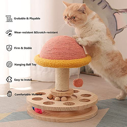Cat Scratching Post with Hanging Ball,Cat Turntable Ball Toy,Cat Mushroom Sisal Scratcher,Kitten 2 Layer Wooden Track Spinning Balls,Fun Turntable Toy for Indoor Cats Physical Exercise