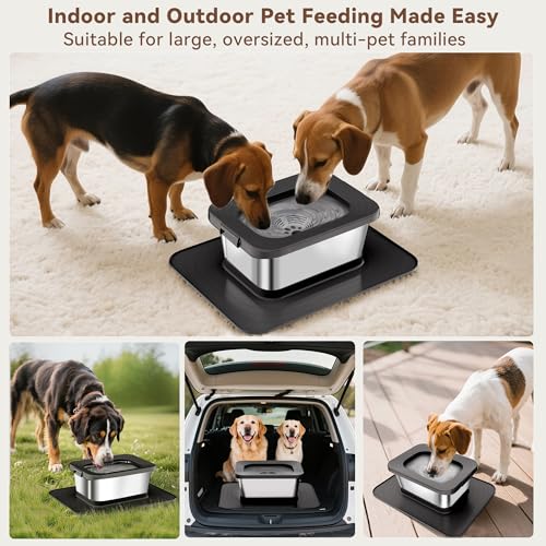 10L No Spill Dog Water Bowl, 2.6 Gal Stainless Steel No Splash Large Dog Water Bowl with Non-Slip Silicone Mat, Spill Proof Slow Drinking Pet Bowls for Messy Drinkers Indoor/Outdoor Use Black - color: Black