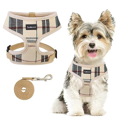 SCENEREAL Puppy Dog Harness with Leash Set for Small Medium Dogs, Soft Mesh Pet Harnesses and Leash, No Chock Plaid No Pull Vest - color: Beige, size: XS: Chest Girth: 10"-14"