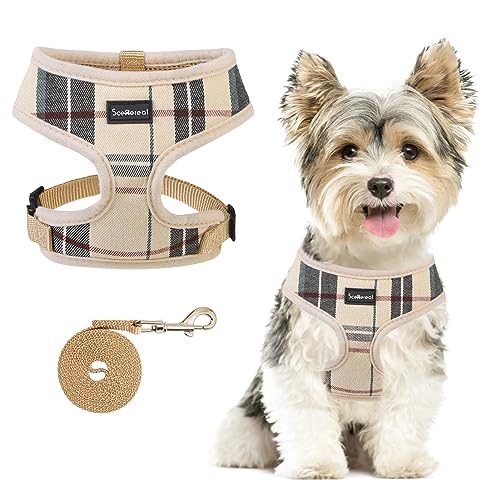 SCENEREAL Puppy Dog Harness with Leash Set for Small Medium Dogs, Soft Mesh Pet Harnesses and Leash, No Chock Plaid No Pull Vest - color: Beige, size: XS: Chest Girth: 10"-14"