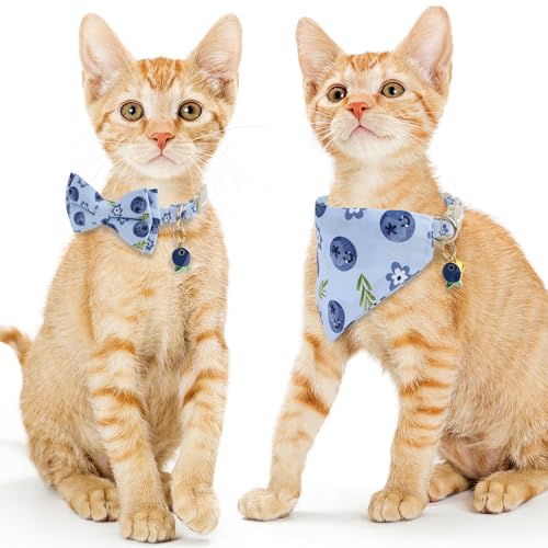 Faygarsle 2 Pack Blueberry Pattern Cat Collar Set with Bandana and Bow Tie, Light Blue, Breakaway Style with Bell - color: Blueberry