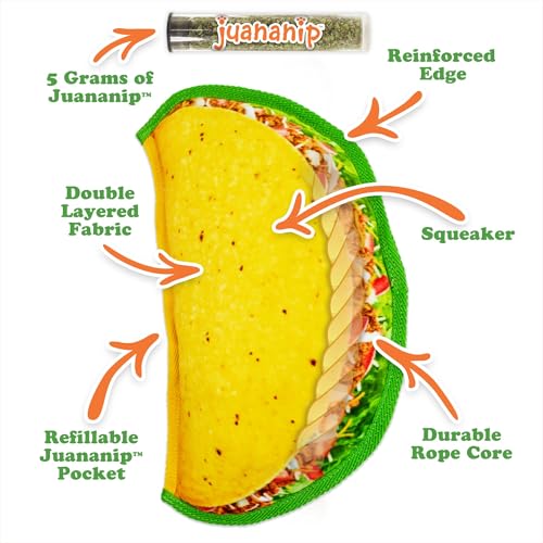 Doggijuana Taco Chewsday Bundle | Tuffer Chewer Taco Plush Squeaky Dog Toy and Juananip Refill Bottle | Calming Aid for Dogs | Organic Catnip Grown in North America | Promotes Relaxation and Play - style: Taco & Juananip