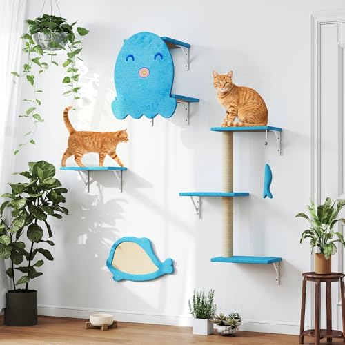 5 Pcs Wall-Mounted Climber Set, Wood Indoor with Shelves and Perches, Ladder, Condo House, Scratching Board and Tree, Wall Shelves Furniture for Cats (Ocean Blue) - color: Ocean Blue