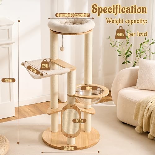 Modern Solid Wood Cat Tree for Indoor Cats Up to 15lbs, 49" Tall Cat Tower with Scratching Posts & Scratcher, Large Cat Bed, Hammock, Capsule Nest, Dangling Ball, Multi-Level Cat Furniture - color: 49"Natural