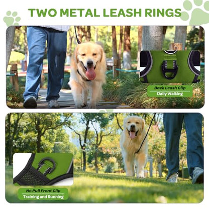 Plaid Dog Harness for Large Dogs, Reflective No Pull Adjustable Pet Vest with Front Clip, Leash, Easy Control Handle and Seat Belt, Army Green, XL - color: Army-Green, size: X-Large