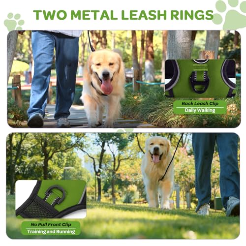 Plaid Dog Harness for Large Dogs, Reflective No Pull Adjustable Pet Vest with Front Clip, Leash, Easy Control Handle and Seat Belt, Army Green, L - color: Army-Green, size: Large