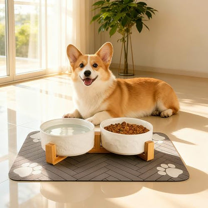 Dog Bowls Set with Wood Stand & Mat Waterproof, 3.5 Cups Ceramic Dog Bowls Elevated for Medium Dogs, Dual Food and Water Bowls with Weighted Non-Slip Base 28.7 OZ - size: M-3.5 Cups