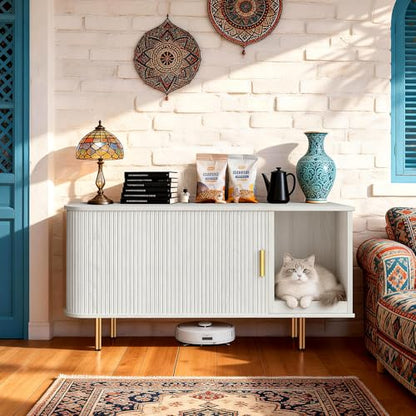 Cat Litter Box Enclosure with Scratch Pad, Sliding Door, 38.5" Cat Litter Furniture Hidden Litter Box Cabinet, Modern Indoor Cat House, TV Stand, Side End Table for Living Room (White) - color: White