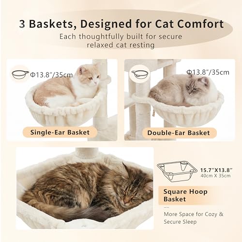 Heybly Cat Tree, 74.8-Inch Spacious & Tall Cat Tower for Large Cats, Cat Furniture with Large Top Perch, Solid Base, 2 Cat Condos, Hanging Hammock, Durable Sisal Scratching Posts, Beige HCT062M - color: Beige