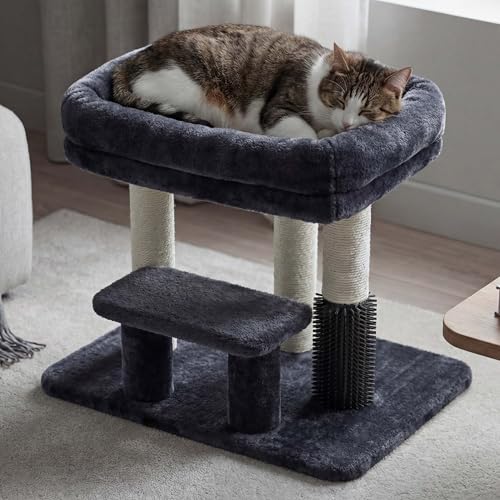 Heybly Cat Scratching Post, Small Cat Tree Tower with 3 Full Sisal Posts, Removable Plush Bed, Grooming Brush, Stable & Space-Saving Cat Furniture with Gentle Step for Indoor Cats, Smoky Gray HSP001SG - color: Smoky Gray, size: 15.7 inch