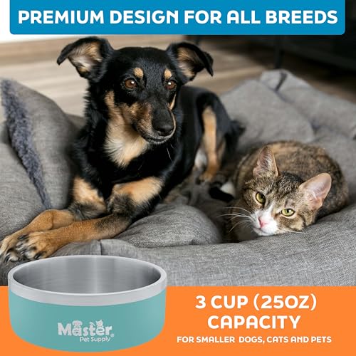 Master Pet Supply Stainless Steel Dog Bowls - 25 oz, Heavy Duty - Aqua Sky, Double Wall Extra-Thick Insulated, Non-Slip Pet Water Bowl for Dogs, Cats & Pets, Anti Rust Metal, Dish Washer Safe - color: Aqua Sky, size: 3 Cups (25 oz)