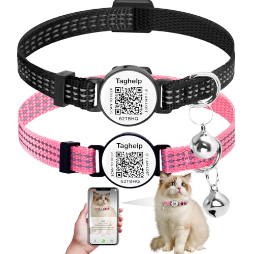 2-Pack Reflective-Breakaway Cat Collars with Bells with QR Code Name Tag, Cat ID Tag Personalized,Smart ID tag Cat Collar,Ideal for Girl Cats Male Cats Kittens Puppies (Black&Pink,NO airtag Holder) - color: Dot matrix reflective - Black & Pink