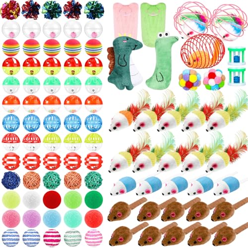 Lenwen 100 Pcs Cat Toys Set Bulk Cat Fur Mice Toys Variety Plastic Ball with Bell Furry Pompom Rattle Mouse Assorted Interactive Catnip Toy Pillow Chew Nice Gift for Indoor Kitten Cats Catch Play
