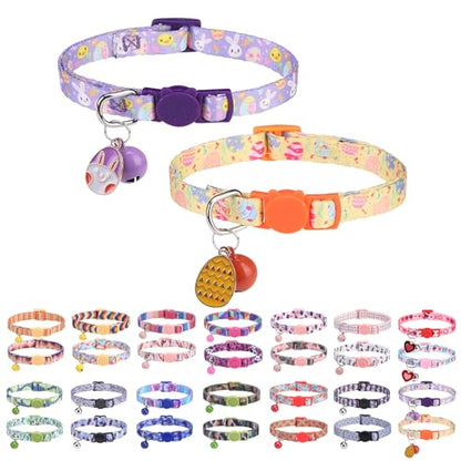 Breakaway Cat Collars for Girl Boy Cats, Spring Summer All Weather Cat Collar Personalized Pattern 2 Pack,Cute Classic Safety Buckles and Bells,Adjustable Printed Nylon Colorful Kitten Collar - color: Easter
