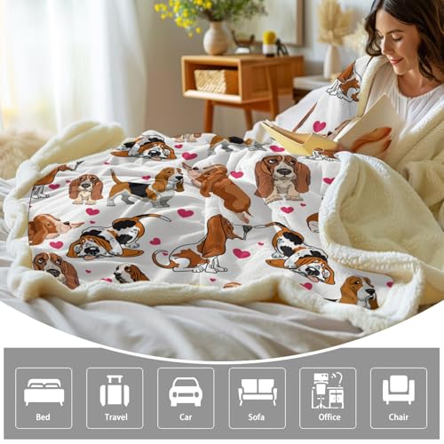 BlessLiving Basset Hound Blanket Queen Size 90x90 Inches - 3D Red Hearts Dog Print Plush & Sherpa Throw, Ultra Soft Cozy Fleece Blanket for Adults, Kids, Pet Lovers, Cute Puppy Gift - color: Basset Hound, size: Queen, 90 x 90 Inches