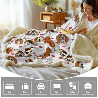 BlessLiving Basset Hound Blanket Queen Size 90x90 Inches - 3D Red Hearts Dog Print Plush & Sherpa Throw, Ultra Soft Cozy Fleece Blanket for Adults, Kids, Pet Lovers, Cute Puppy Gift - color: Basset Hound, size: Queen, 90 x 90 Inches