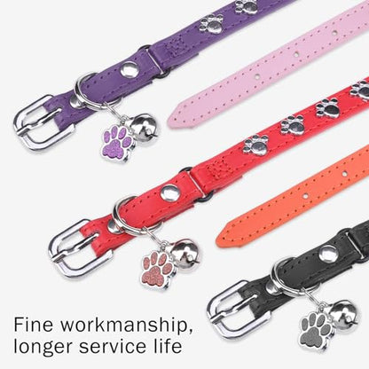 SCENEREAL Leather Cat Collar with Bell and Rivet, Personalized Stud Pet Collars with Safety Elastic Belt and Cute Paw Charm, Adjustable Soft Kitten Puppy Accessories for Boys Girls Cats, Black - color: Black