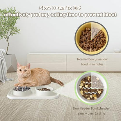 Waterproof Silicone Cat Food Bowls, Stainless Steel & Silicone Slow Feeder Double Bowls, Non-Skid & Non-Spill Raised Edge, Food and Water Feeder for Cat and Puppy - color: Silicone material-Beige