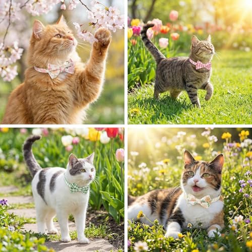 10 Pcs Spring Cat Collar Breakaway with Bow Tie and Bell Kitten Collars Removable Bowtie Plaid Flower Cat Collar for Cats Kittens Puppy (Flower) - color: Flower
