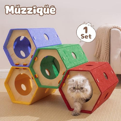 Cat Tunnel Bed for Indoor Cats, DIY Modular Felt Pet Tunnel Toy, 8 Way Hiding Large Rabbit Play Scratch House, Expandable Hideaway Peekaboo Kitten Cave, Hideout Cube, Washable Kitty Circle Tube, 1 Set