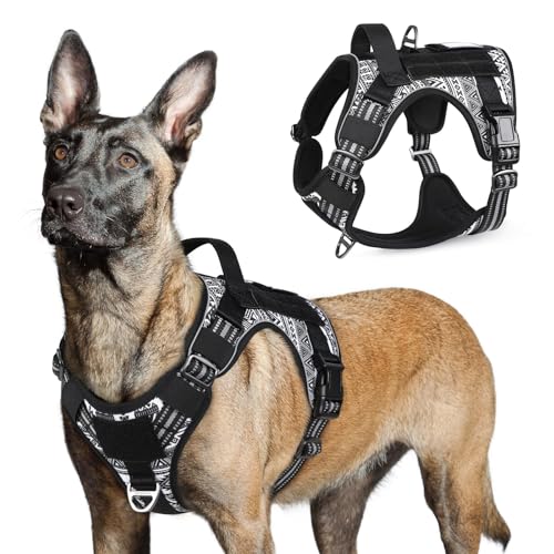 rabbitgoo Tactical Dog Harness for Large Dogs, No Pull Military Service Vest with Handle & Molle, Easy Control for Training Walking, Adjustable Reflective Straps, Black & White Geometric, L - color: Black & White Geometric, size: Large