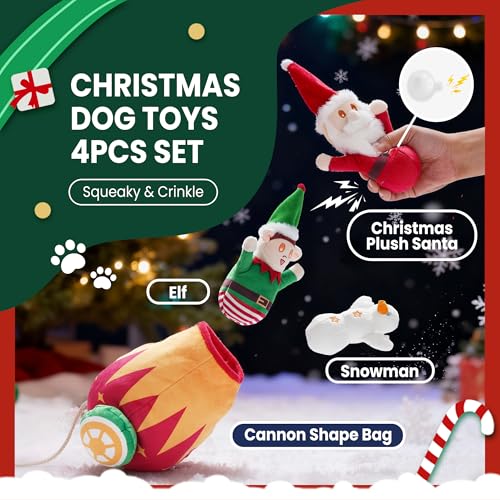 Nocciola Christmas Squeaky Dog Toys 4PCS, Interactive Hide and Seek Dog Toys Christmas Theme- Santa/Snowman/Elf in Cannon Toys Plush, Crinkle Dog Chew Toys for Large Medium Small Dogs - style: Christmas Cannon