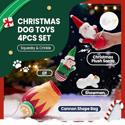 Nocciola Christmas Squeaky Dog Toys 4PCS, Interactive Hide and Seek Dog Toys Christmas Theme- Santa/Snowman/Elf in Cannon Toys Plush, Crinkle Dog Chew Toys for Large Medium Small Dogs - style: Christmas Cannon