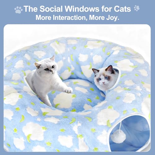 Cat Tunnel Bed, Foldable Cat Donut Tunnel with Removable Cushion, Toy Ball & Social Windows, Stress Relief Fun, Round Pet Play Tunnel for Indoor Cats, Kittens and Small Pets (3D Cloud Pattern)