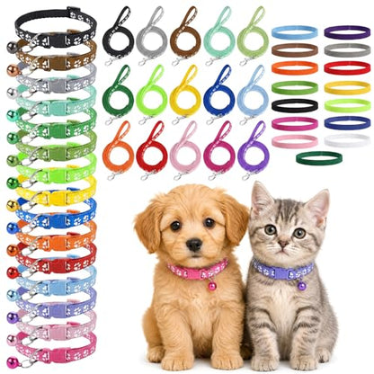 45 Pcs Puppy Collar and Leash, Colorful Adjustable Dog Collars with Marker Straps Soft Polyester Paw Pet Puppy Collar Quick Release Buckle for Small Dogs Walking Training (Detachable Bell)