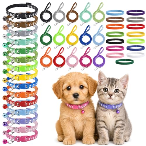 45 Pcs Puppy Collar and Leash, Colorful Adjustable Dog Collars with Marker Straps Soft Polyester Paw Pet Puppy Collar Quick Release Buckle for Small Dogs Walking Training (Detachable Bell)