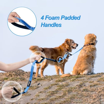 Double Dog Leash, No Tangle Dual Leash, Reflective Walking Training Lead, 4 Comfortable Padded Handles for 2 Dogs with Collapsible Bowl and Waste Bags (Light Blue, Large) - color: Light Blue