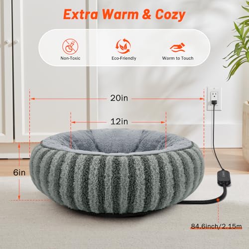 Toove Heated Cat Bed Indoor - Heating Donut Pet Bed for Cats and Small Dogs, Ultra Soft & Cozy Sleeping Cat Beds, Machine Washable, Safe Warming with Timer and Temperature Control, 20''x20''x6'' Small