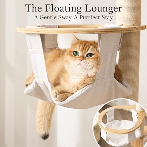 797Audio Wood Modern Cat Tree, 61.5" Cat Tower with Sisal Scratching Posts, Cat Condo, Capsule,Hamnock and Spinner Toy, Solid Wooden Aesthetic Multi-Level Cat Climbing Tree for Adult Indoor Cats-White - color: 62 Inch-Turntable-White